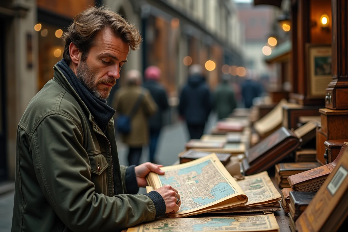 Homme parcourant des cartes anciennes sur un marché aux antiquités à Gand lors d'un city trip