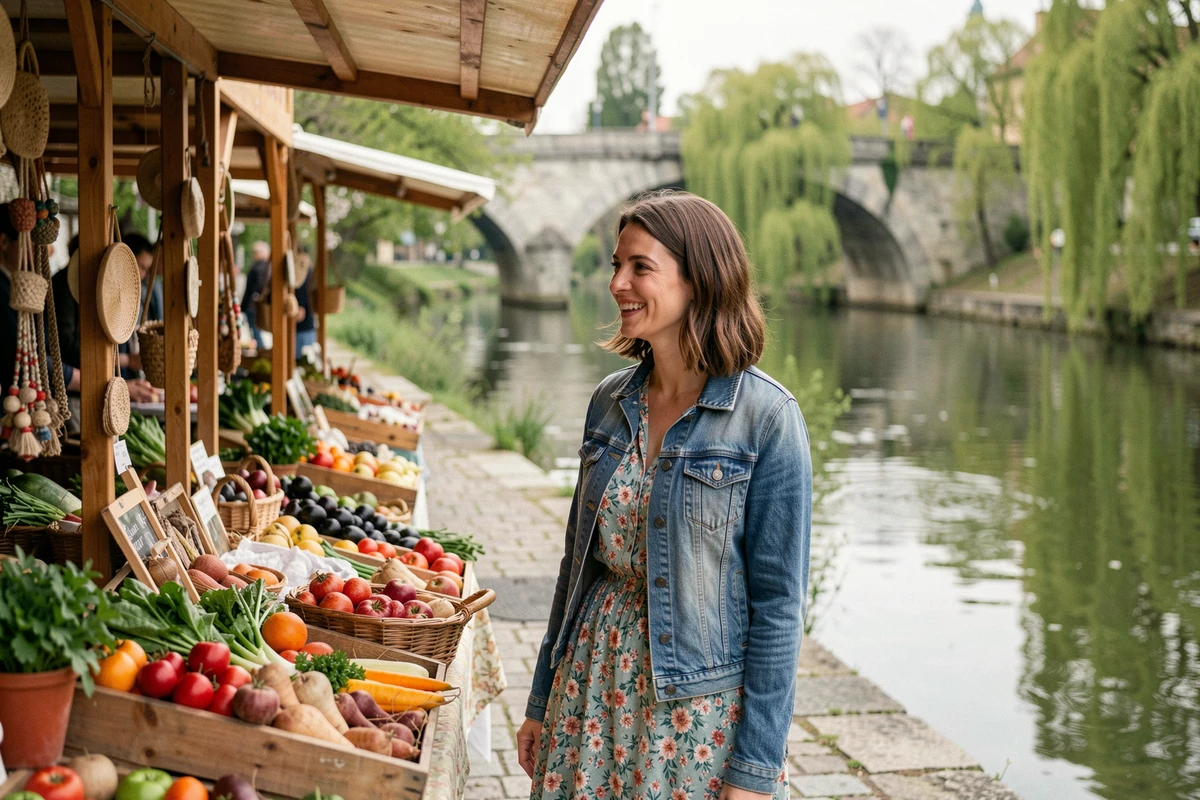 Femme au marché printanier en plein air au bord de la Ljubljanica avec des étals artisanaux et des saules verts