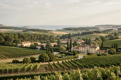 Vue panoramique de la Nouvelle-Aquitaine illustrant ses paysages variés entre vignobles, forêts de pins et architecture élégante