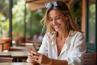 Femme envoyant un message de bonnes vacances depuis une terrasse méditerranéenne ensoleillée