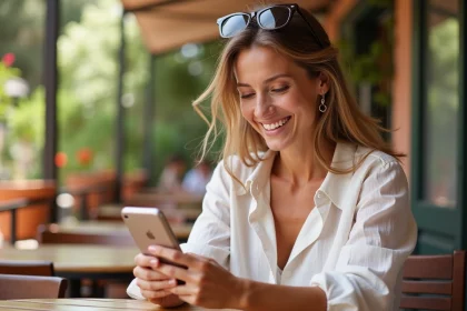 Femme envoyant un message de bonnes vacances depuis une terrasse méditerranéenne ensoleillée