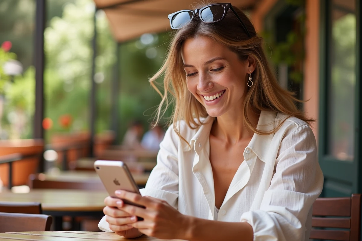 Femme envoyant un message de bonnes vacances depuis une terrasse méditerranéenne ensoleillée