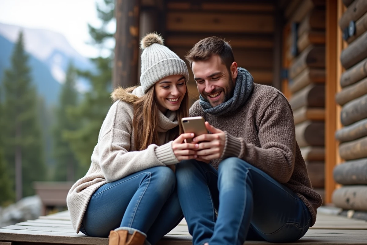 Deux amis rédigeant ensemble un message de bonnes vacances en montagne depuis un chalet en bois