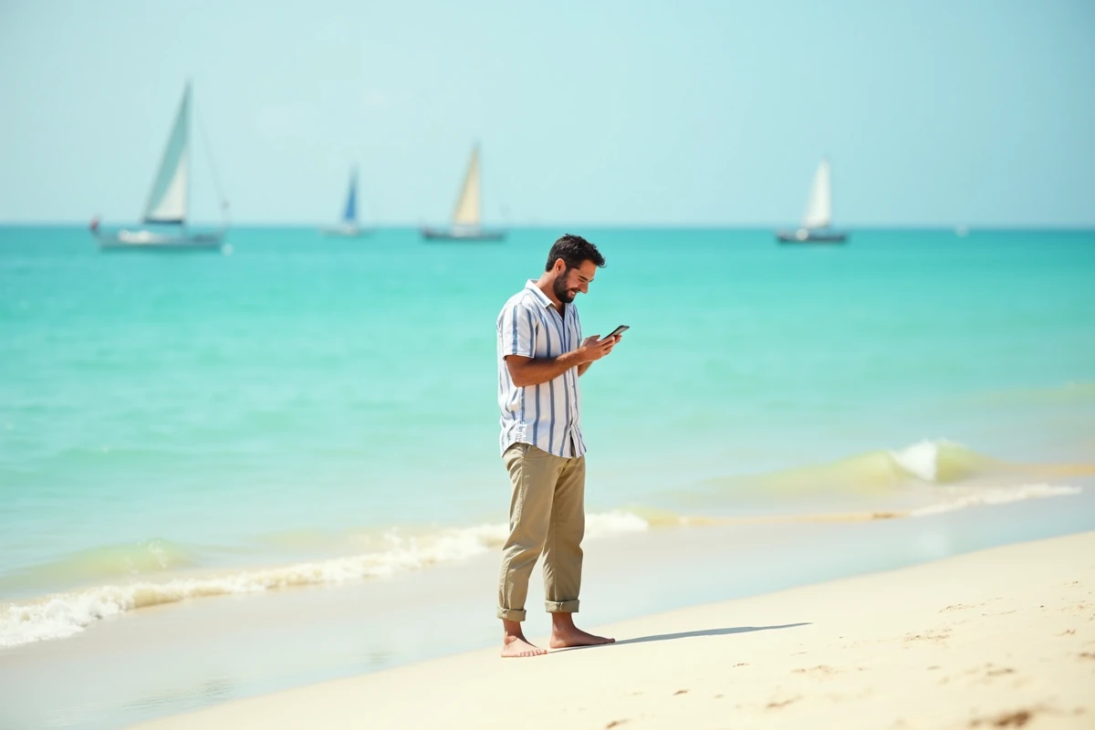 Homme envoyant un message de vacances depuis une plage de sable avec vue sur l'océan