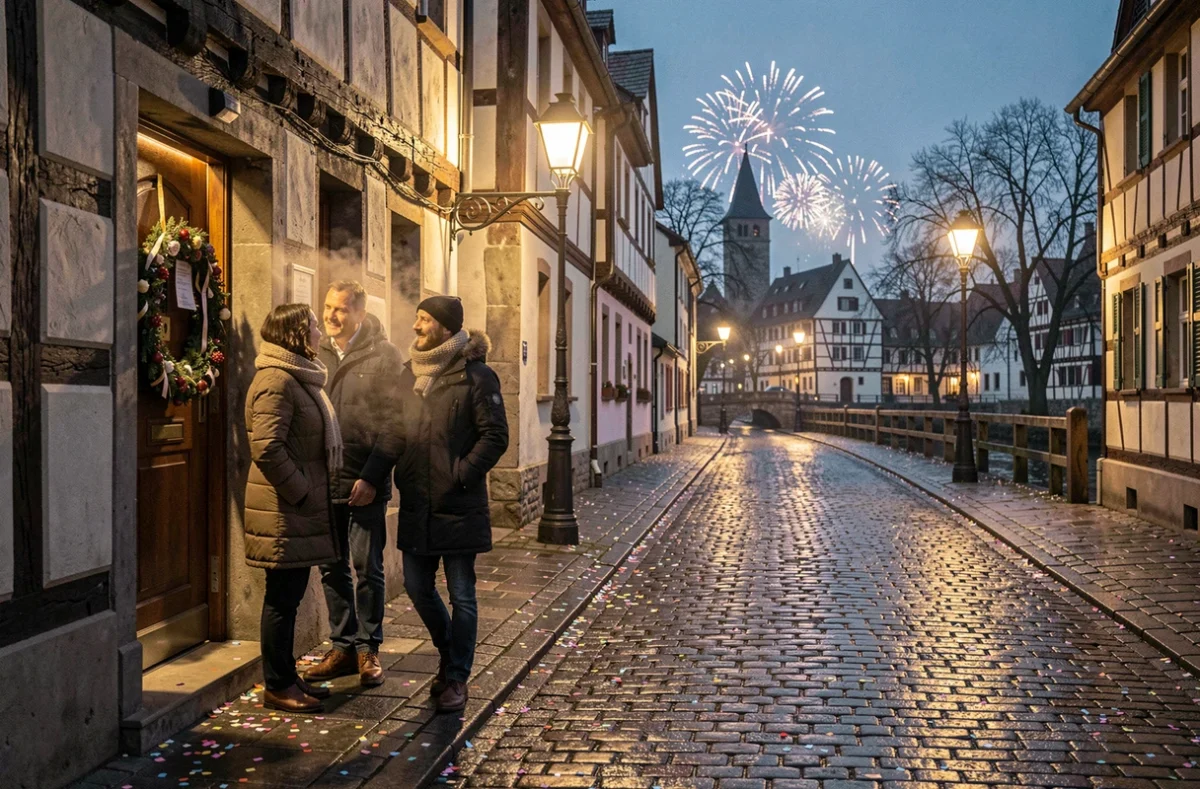 Groupe de voyageurs quittant une maison alsacienne à colombages après la fête du Nouvel An dans les ruelles de Strasbourg