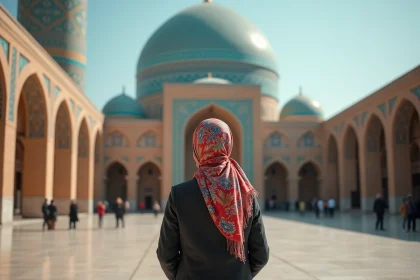 Femme en foulard coloré admirant la coupole de la mosquée Sheikh Lotfollah à Ispahan, Iran, architecture persane en mosaïque de faïence bleue et turquoise