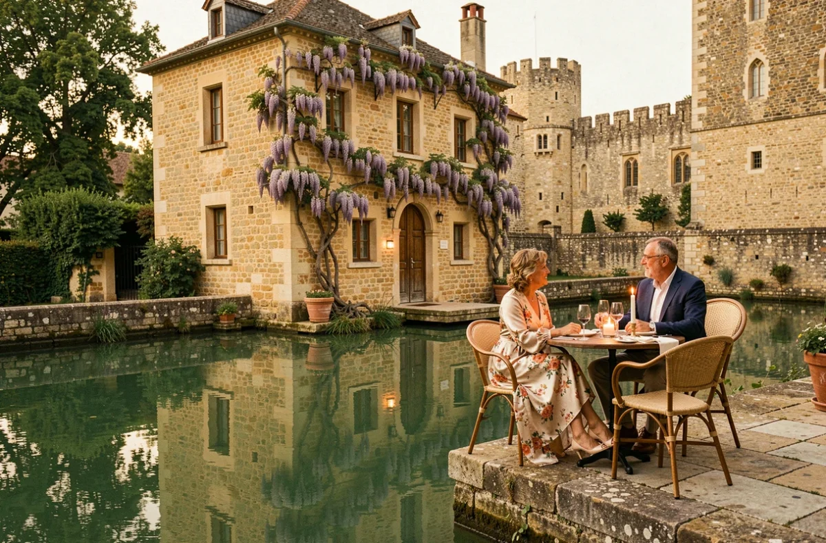 Le Moulin de l'Abbaye à Brantôme avec sa façade en pierre du Périgord reflétée dans la Dronne et sa terrasse au bord de l'eau