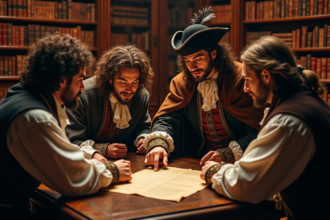 Groupe de mousquetaires découvrant un parchemin dans une bibliothèque ancienne