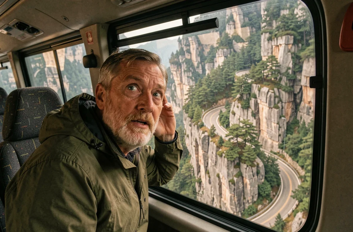 Touriste émerveillé à bord de la navette bus sur la route aux 99 virages de Tianmen Mountain, Zhangjiajie Chine