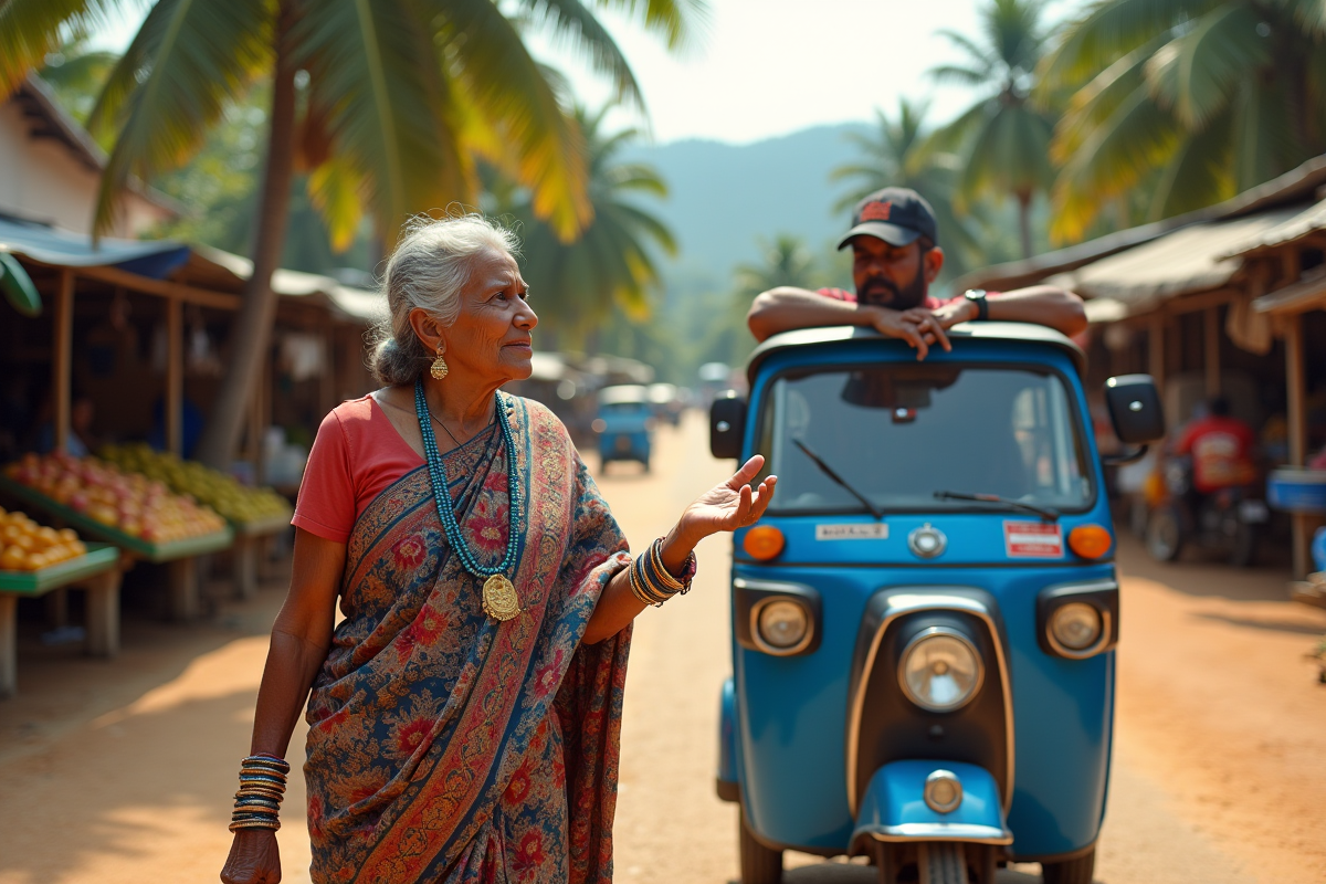 Femme sri lankaise en sari négociant avec chauffeur de tuk tuk rural