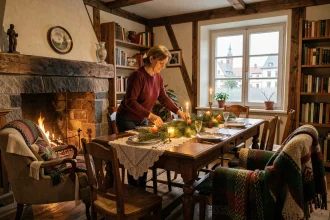 Femme alsacienne préparant la table du Nouvel An dans une maison à colombages chaleureuse à Strasbourg