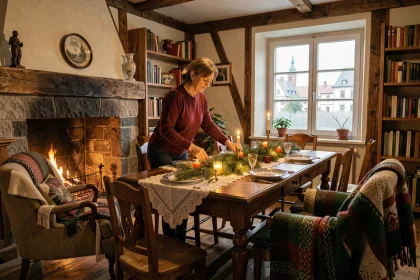 Femme alsacienne préparant la table du Nouvel An dans une maison à colombages chaleureuse à Strasbourg