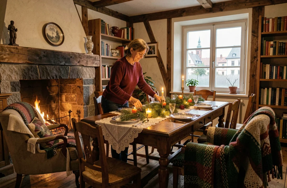 Femme alsacienne préparant la table du Nouvel An dans une maison à colombages chaleureuse à Strasbourg