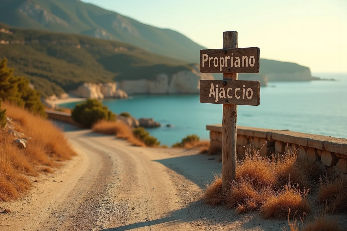 Panneau indicateur de distance entre Propriano et Ajaccio au bord de la route côtière corse avec vue sur une crique