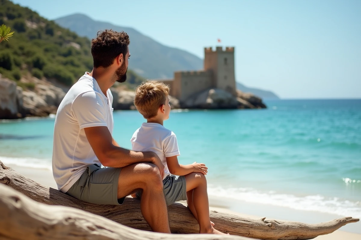 Père et fils assis sur bois flotté face à la mer turquoise
