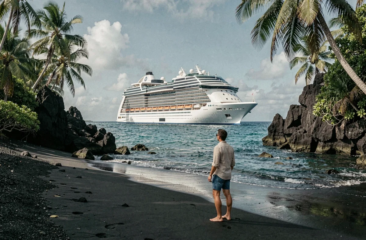 Homme sur une plage de sable noir en Martinique observant un paquebot de croisière ancré au large