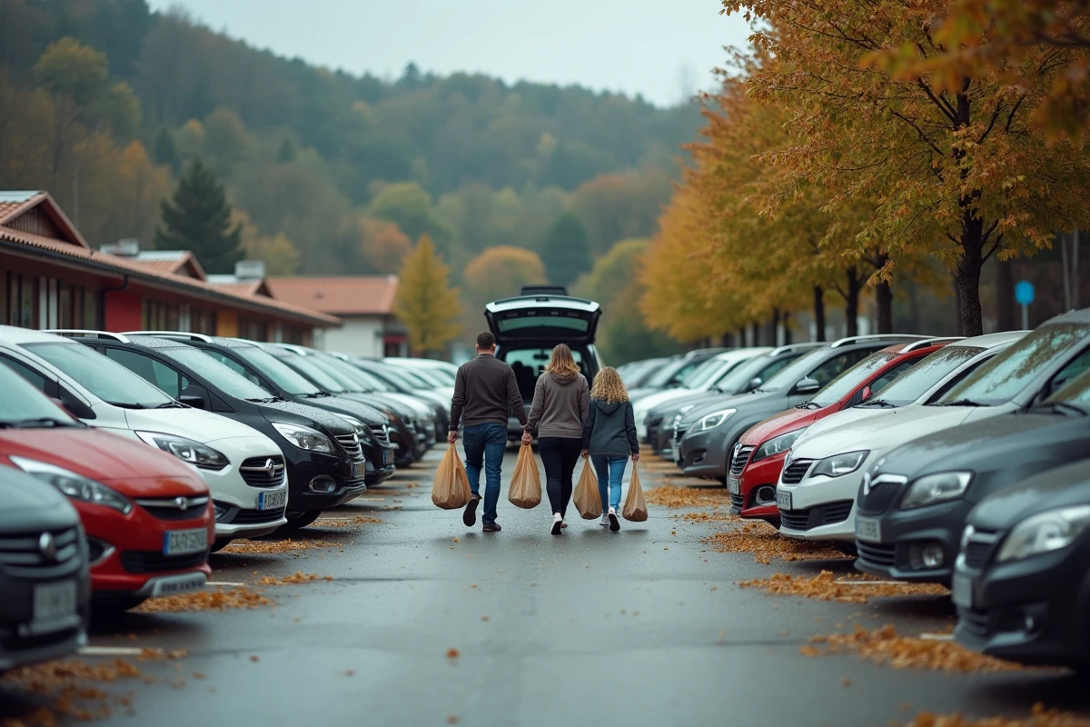 Parking bondé près des boutiques de la zone frontalière de Dancharia entre la France et l'Espagne avec des voitures immatriculées côté français