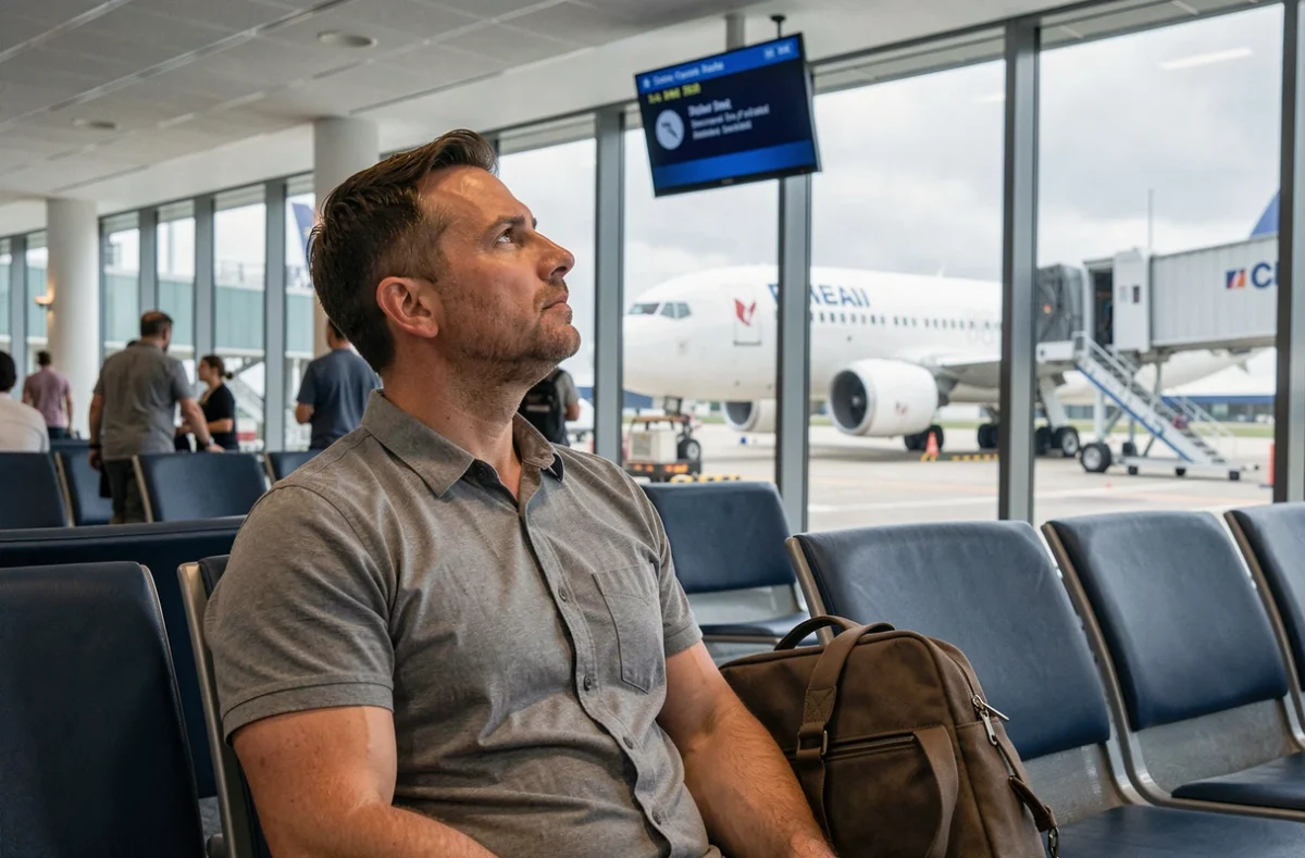 Homme assis dans une salle d'attente d'aéroport regardant un écran affichant un retard de vol avec un avion visible par la fenêtre