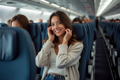 Femme détendue dans un siège d'avion moderne