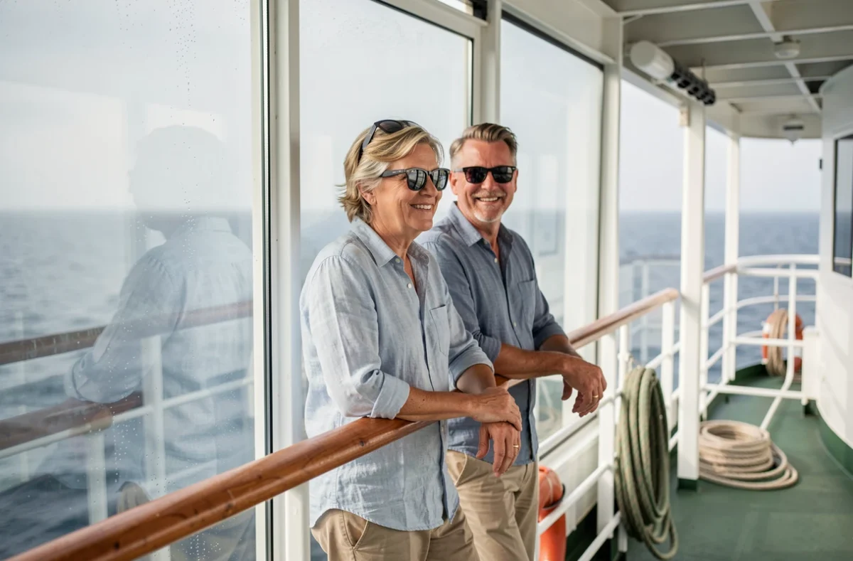Couple de voyageurs en tenue décontractée profitant de la traversée sur le pont d'un ferry Corsica Ferries en mer