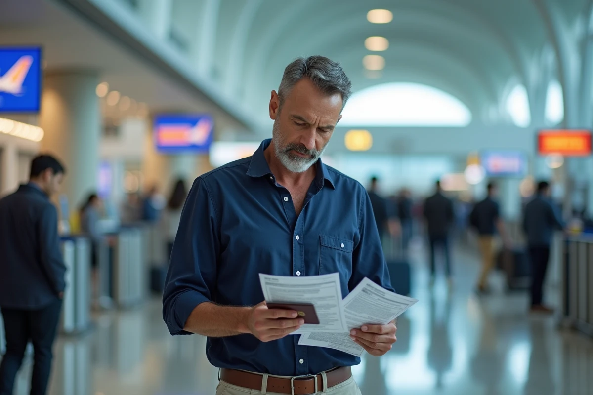 Homme vérifiant son passeport et son attestation d'assurance santé à l'aéroport avant un voyage international