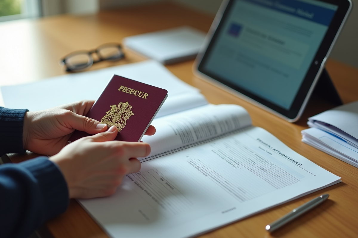 Mains tenant un passeport français avec documents et tablette