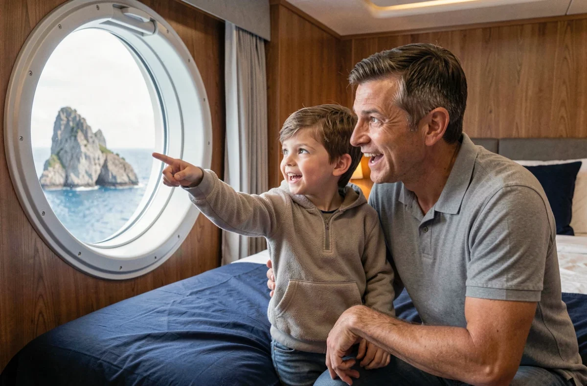 Père et fils observant une île par le hublot d'une cabine de croisière en famille