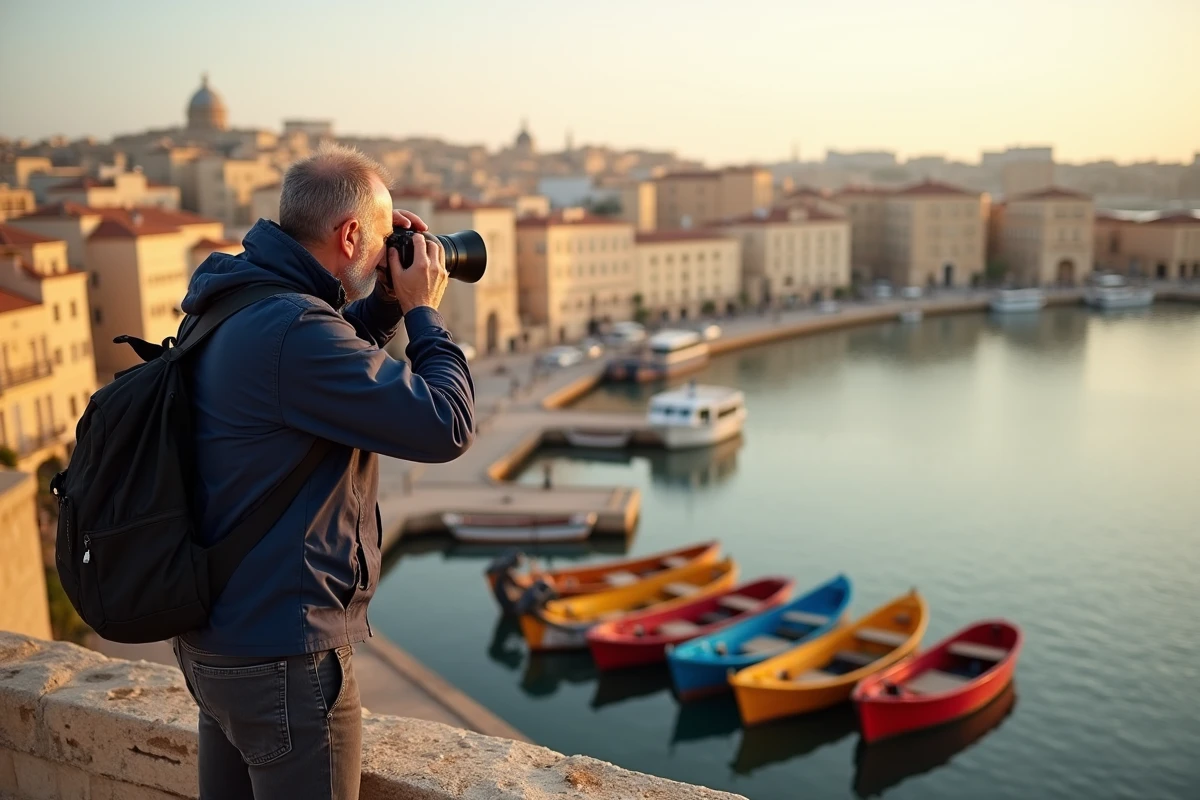 Photographe homme sur les remparts du Grand Port de La Valette photographiant les Trois Cités et les barques maltaises traditionnelles luzzu