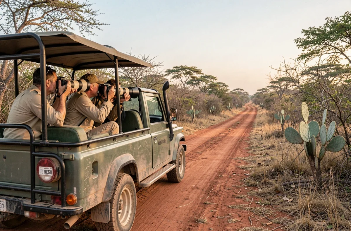 Photographes animaliers en safari jeep à l'aube dans le parc national de Yala, Sri Lanka