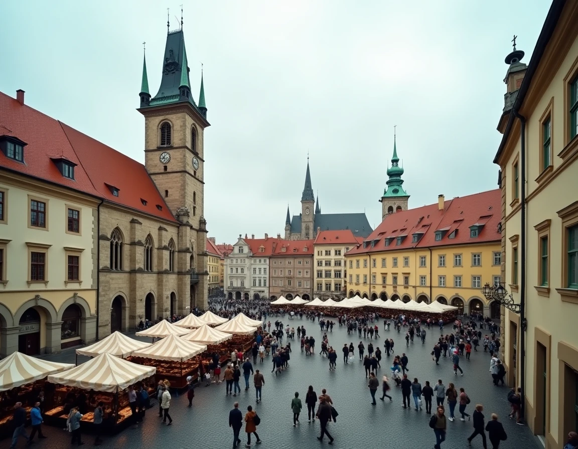 Place de la Vieille Ville de Prague avec l'horloge astronomique médiévale et les toits gothiques rouges sous un ciel nuageux