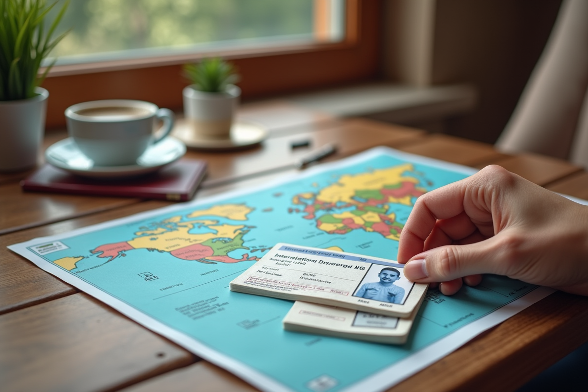 Main posant permis et permis local sur table en voyage