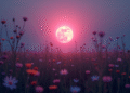 Lune pleine rose au-dessus d'une prairie tranquille au crépuscule