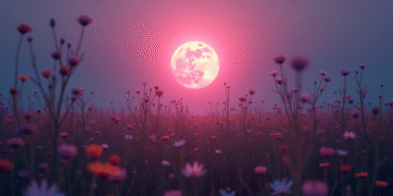 Lune pleine rose au-dessus d'une prairie tranquille au crépuscule