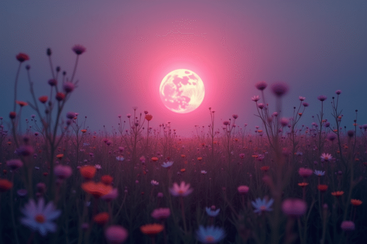 Lune pleine rose au-dessus d'une prairie tranquille au crépuscule