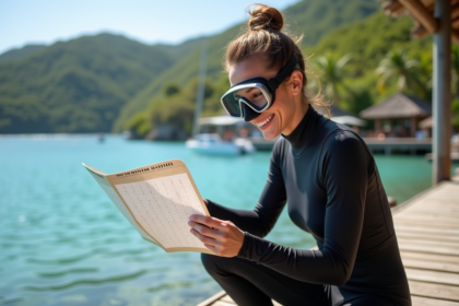 Femme en combinaison de plongée examine un calendrier de plongée