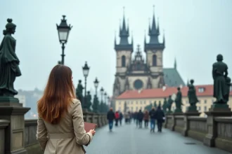 Voyageuse sur le pont Charles à Prague contemplant les tours gothiques avec un carnet de voyage, ambiance brumeuse et pavés historiques