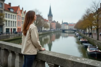 Femme sur le pont Sint-Michielsbrug à Gand contemplant les façades historiques du Graslei et du Korenlei