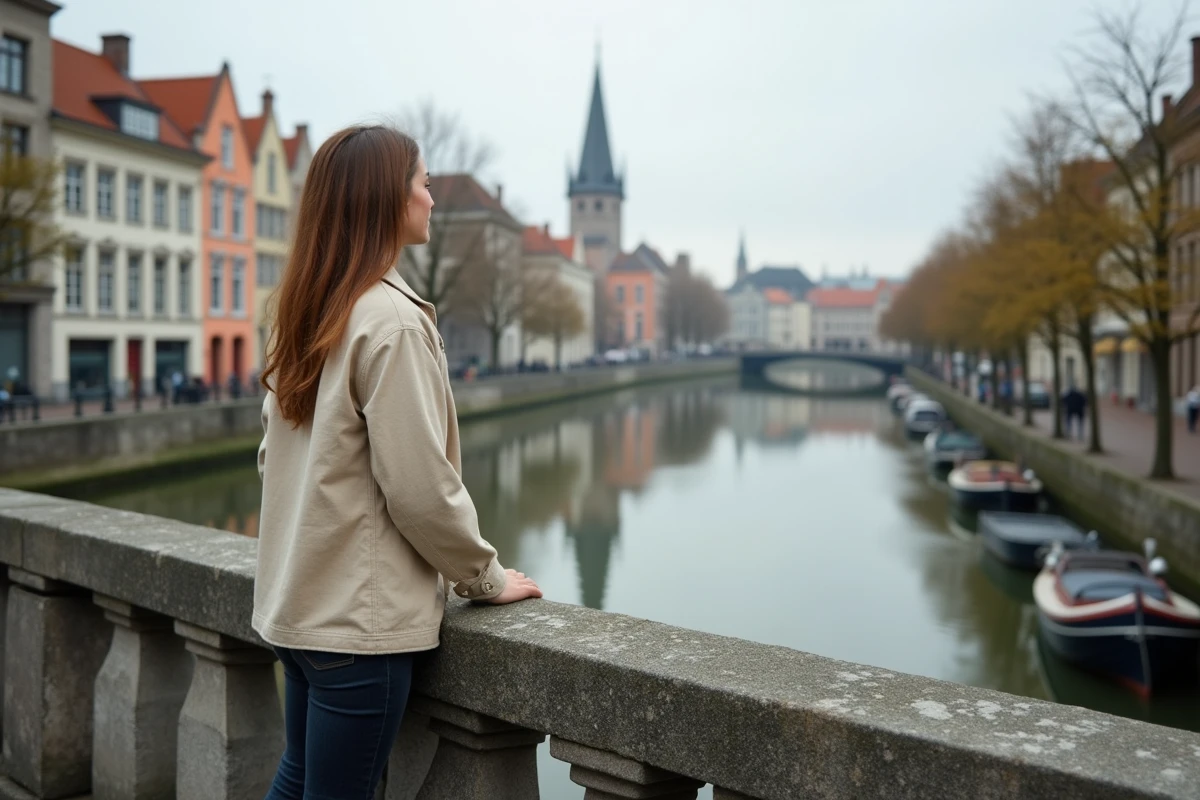 Femme sur le pont Sint-Michielsbrug à Gand contemplant les façades historiques du Graslei et du Korenlei