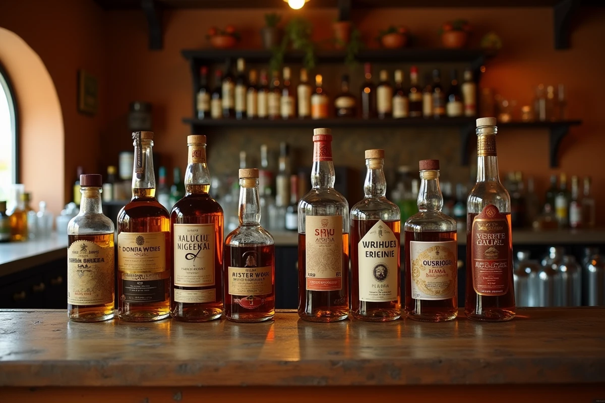 Bouteilles de whisky, rhum et vodka exposées sur l'étagère d'un bar espagnol traditionnel avec des étiquettes de prix en euros