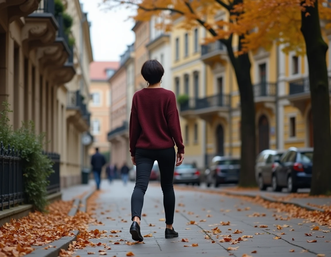 Femme explorant le quartier Art Nouveau de Vinohrady à Prague le long d'un boulevard arboré aux façades ornementées en automne