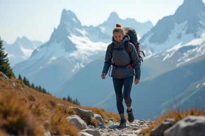Femme en randonnée en montagne avec sommets enneiges