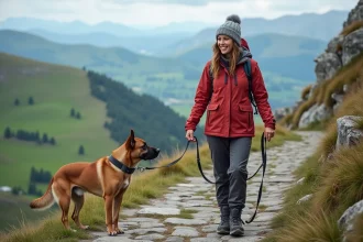 Femme souriante en randonnée avec son chien au sommet