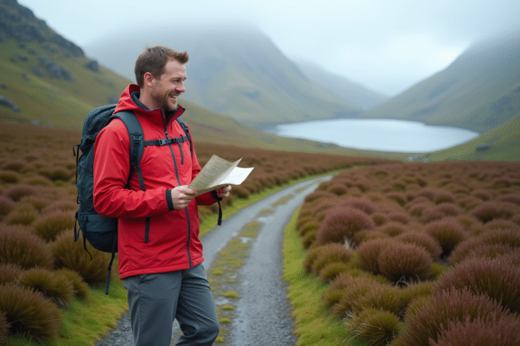 Homme randonneur avec carte dans les Highlands écossais