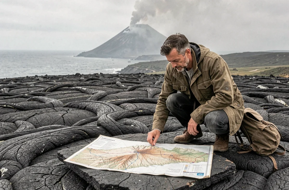 Randonneur étudiant un itinéraire sur une carte volcanique sur un champ de lave à Stromboli