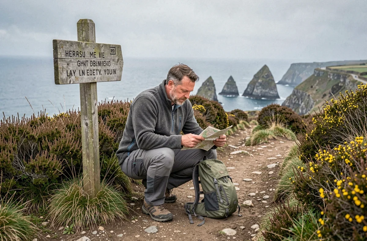 Randonneur consultant une carte sur le sentier côtier menant à la pointe de Kadoran en Bretagne