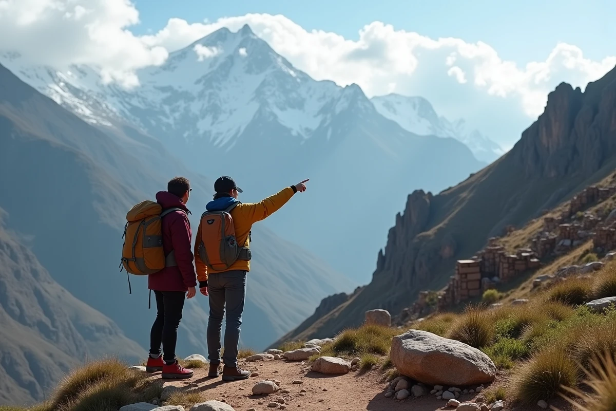 Couple de randonneurs consultant une carte sur un sentier du Haut Atlas marocain avec vue sur le mont Toubkal