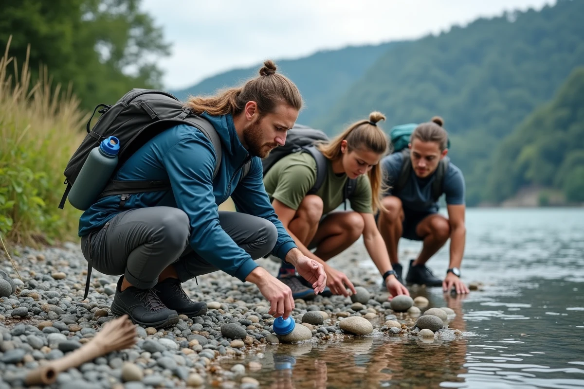 Randonneurs examinant des pierres et plantes aquatiques sur les rives naturelles du Rhin