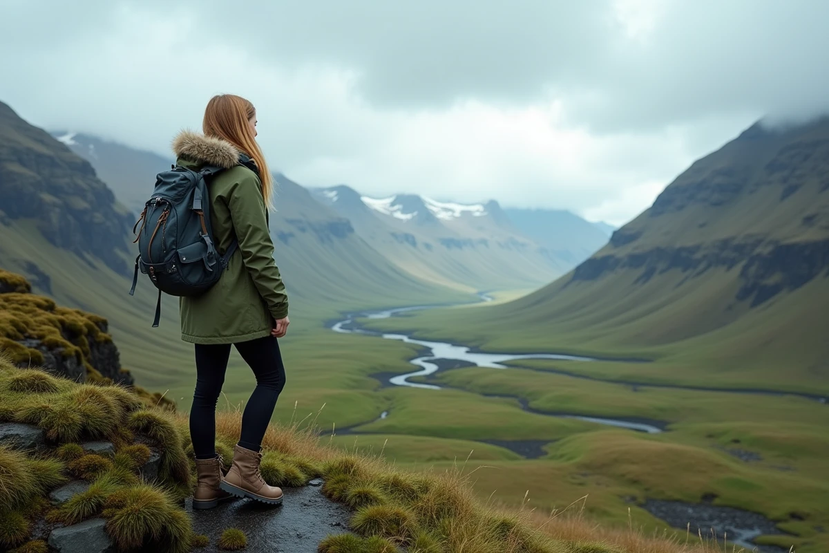 Randonneuse solitaire sur une crête volcanique des Fjords de l'Ouest en Islande en juillet, paysage sauvage sans touristes
