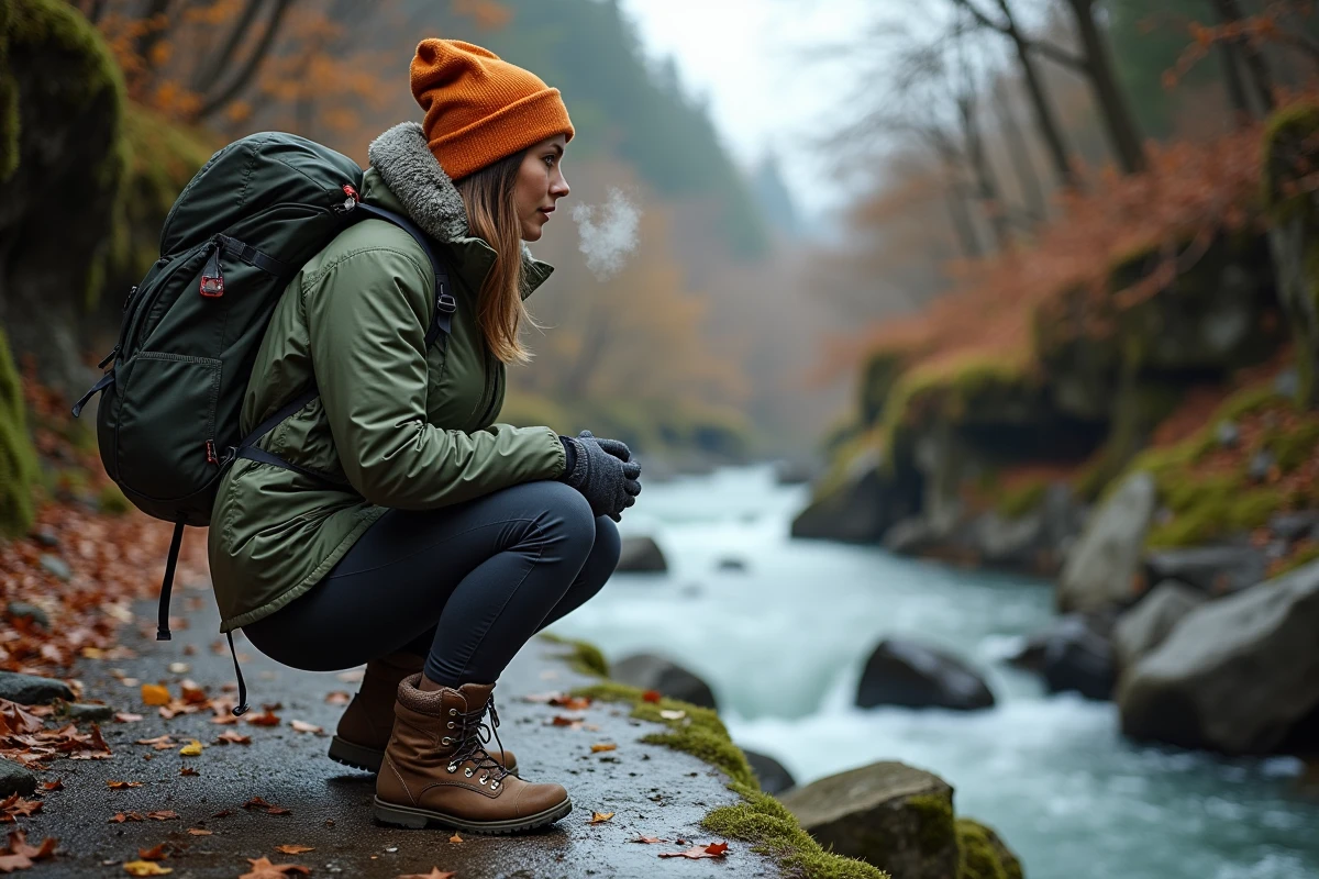 Randonneuse solitaire sur le sentier de la Vis en automne avec végétation dorée et brume matinale