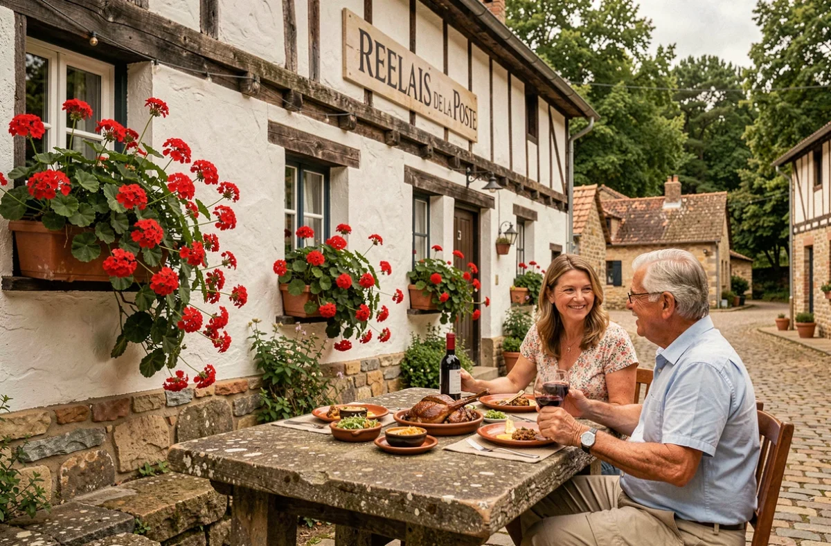 Le Relais de la Poste dans les Landes avec sa terrasse en pierre, ses géraniums rouges et son ambiance auberge de campagne authentique